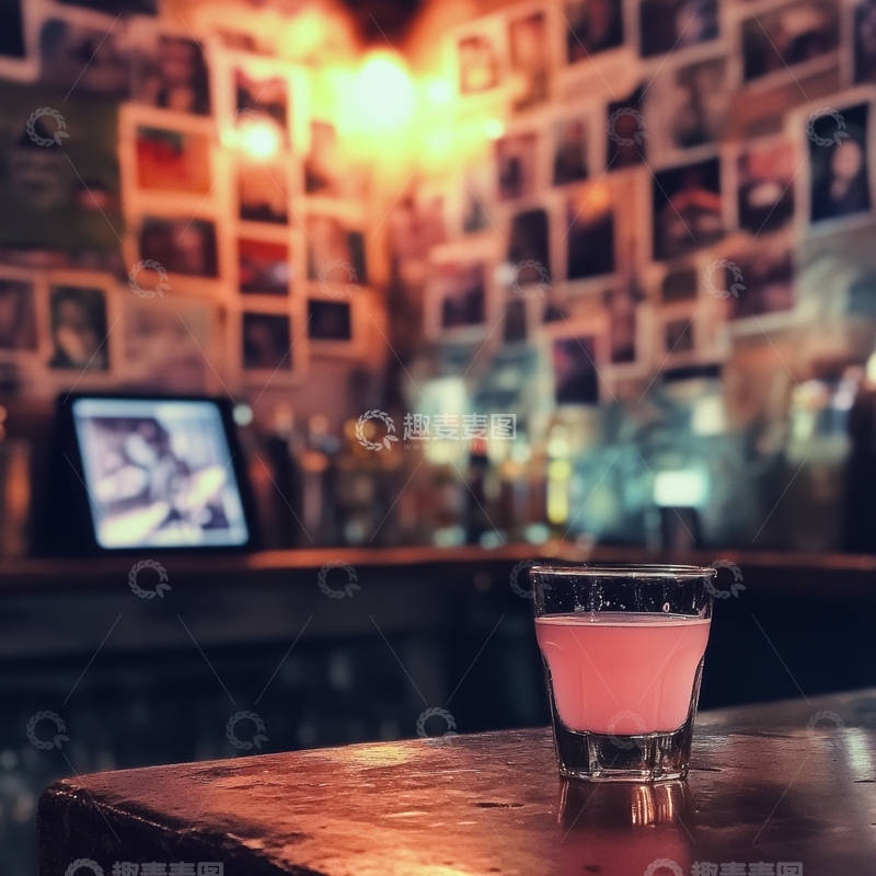 高清大图下载【趣麦麦图】酒吧台上的粉色饮品