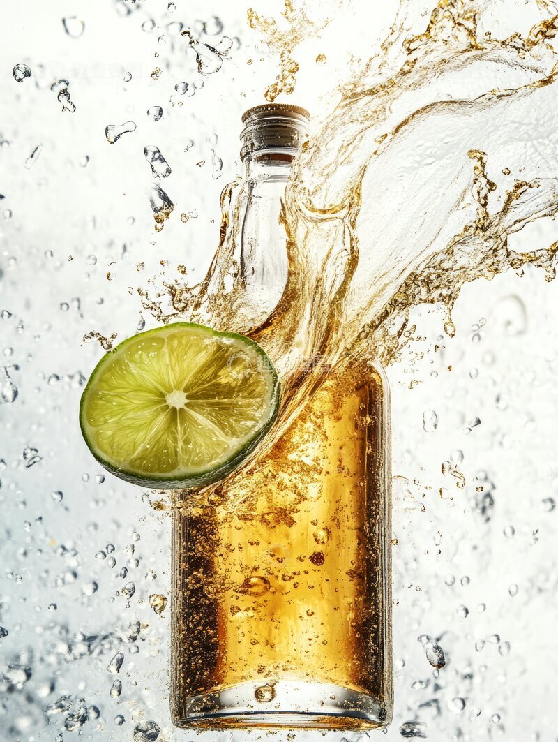 高清大图下载【趣麦麦图】透明瓶装饮品与青柠片的水花飞溅