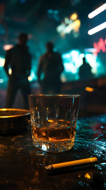 酒吧夜景中的威士忌与香烟