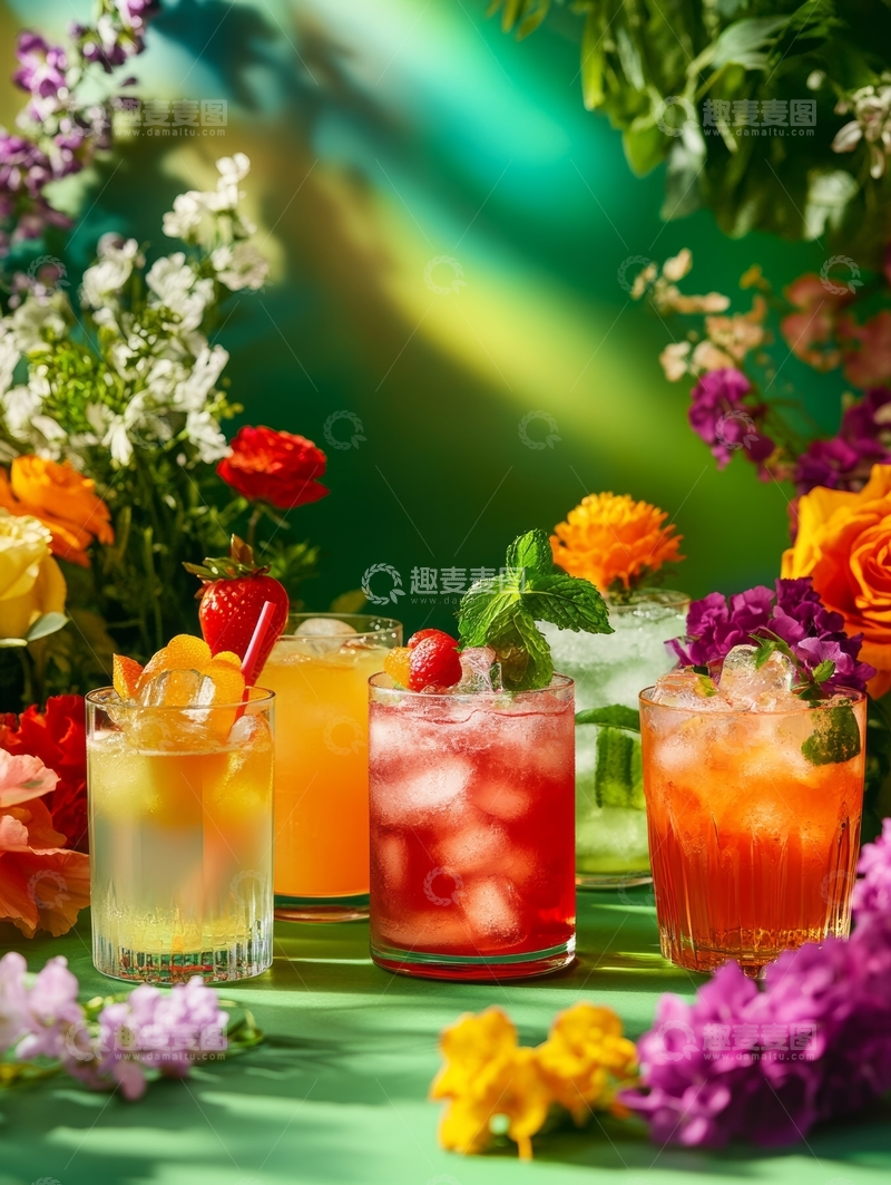 高清大图下载【趣麦麦图】五彩缤纷的鸡尾酒与鲜花装饰