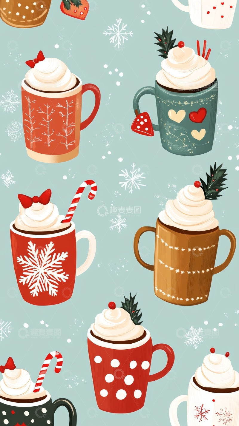 高清大图下载【趣麦麦图】节日热饮插画：圣诞主题的杯子与甜点