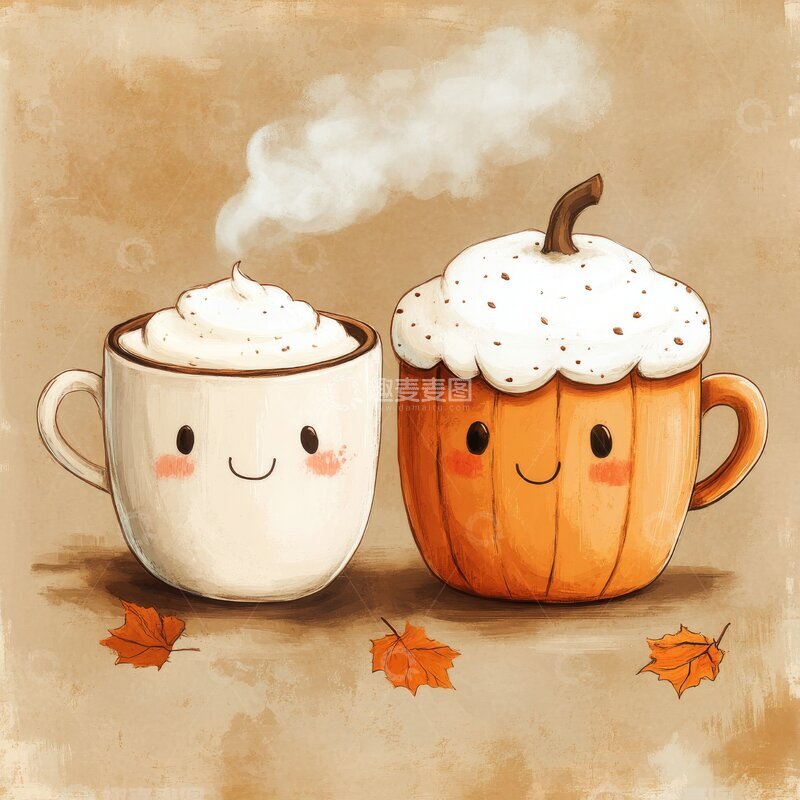 高清大图下载【趣麦麦图】热饮与南瓜杯的温馨场景
