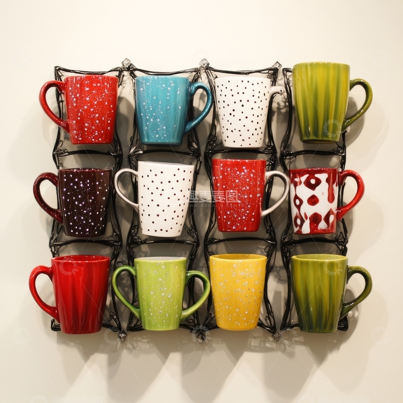 高清大图下载【趣麦麦图】多彩陶瓷杯子挂在金属架上