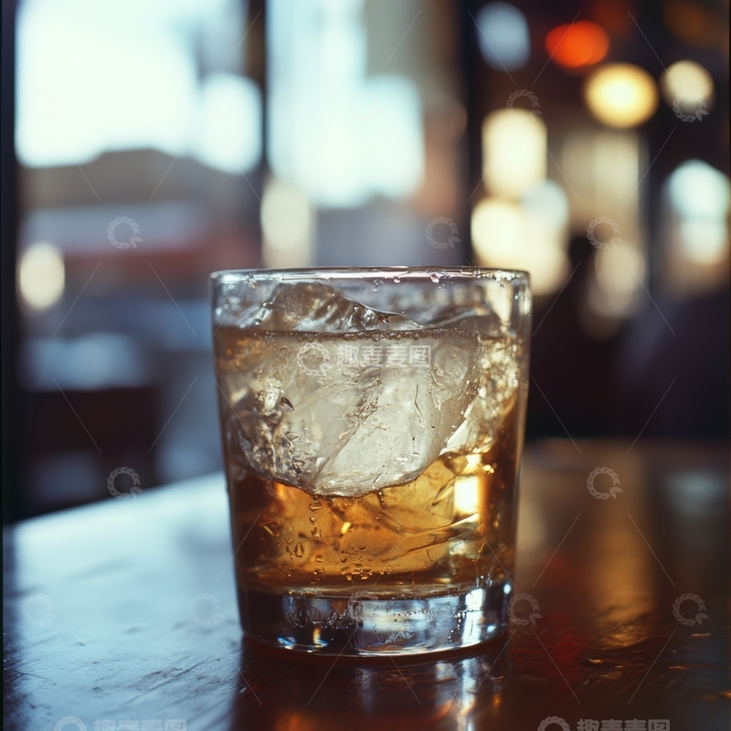 高清大图下载【趣麦麦图】冰块与琥珀色液体的玻璃杯