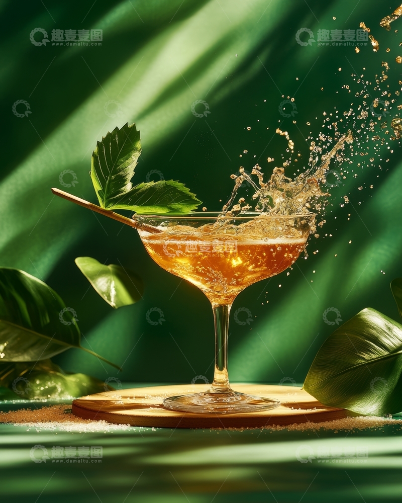 高清大图下载【趣麦麦图】金色鸡尾酒在绿叶背景下的飞溅瞬间