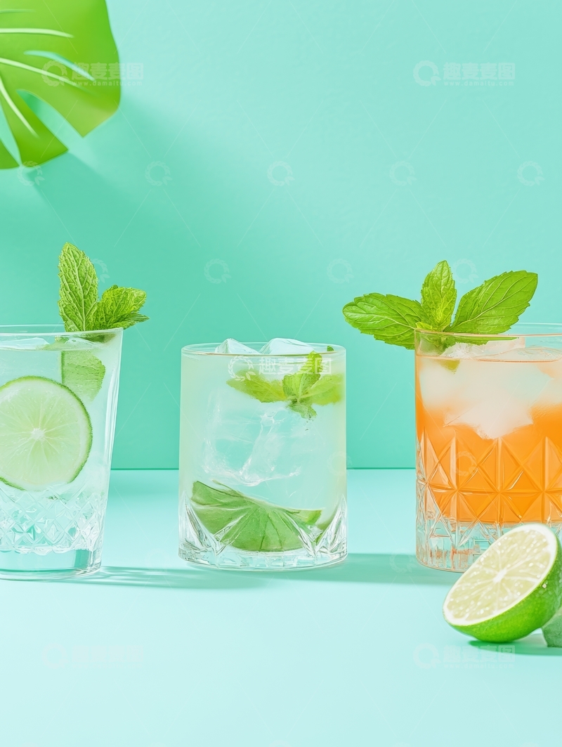高清大图下载【趣麦麦图】三杯清凉饮品，点缀薄荷与柠檬