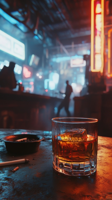 昏暗酒吧中的威士忌与烟灰缸
