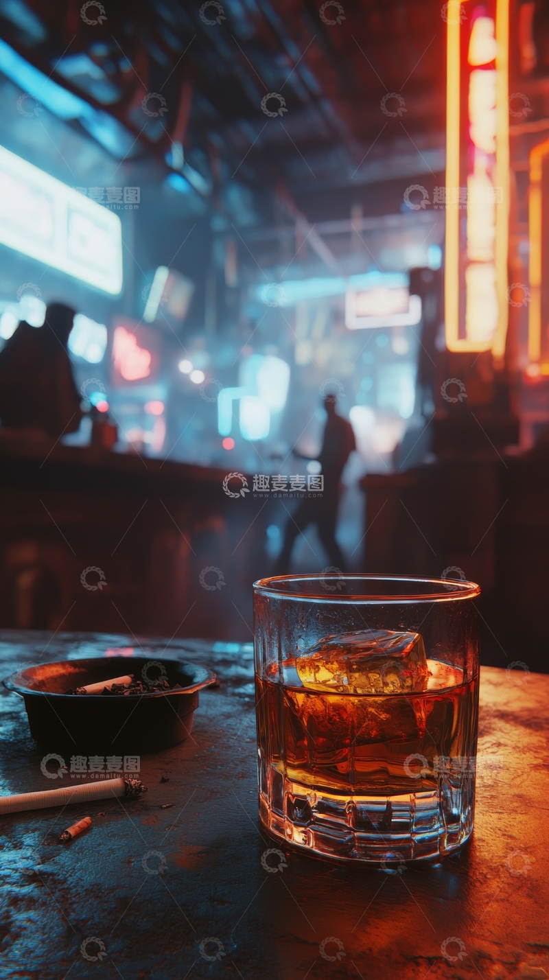 高清大图下载【趣麦麦图】昏暗酒吧中的威士忌与烟灰缸