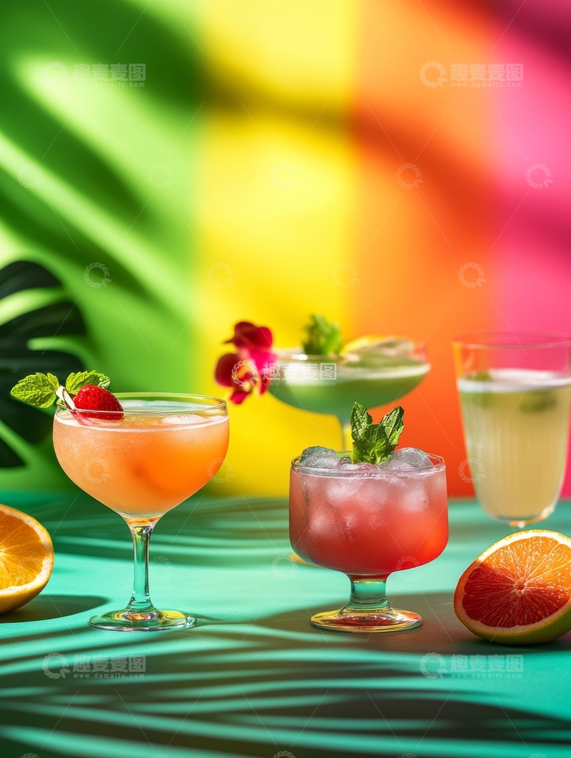 高清大图下载【趣麦麦图】热带风情鸡尾酒与色彩斑斓背景