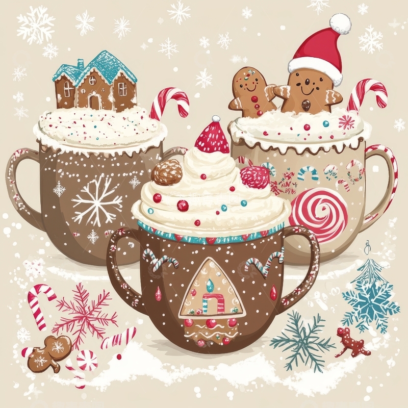 高清大图下载【趣麦麦图】圣诞主题热饮与姜饼人装饰