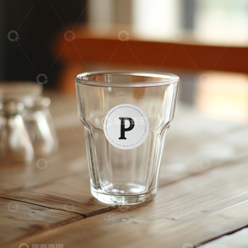 高清大图下载【趣麦麦图】带有字母P标志的透明玻璃杯置于木质桌面上