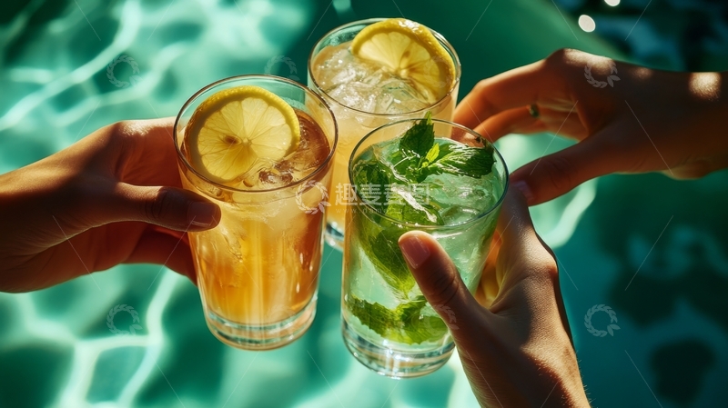 高清大图下载【趣麦麦图】泳池边举杯共饮清凉饮品