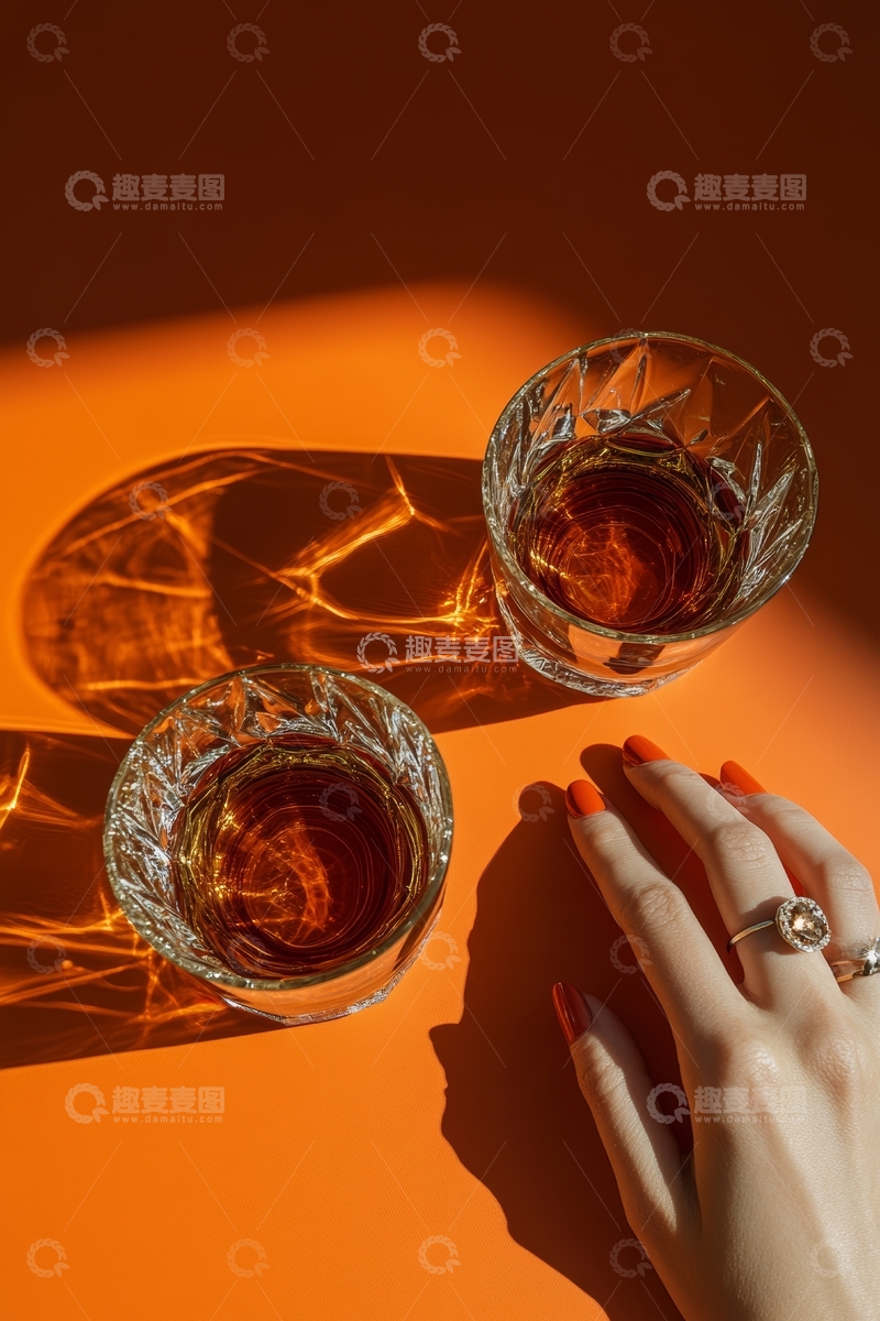 高清大图下载【趣麦麦图】橙色背景上的酒杯与手