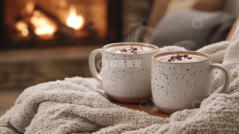 高清大图下载【趣麦麦图】温暖炉火旁的两杯热饮