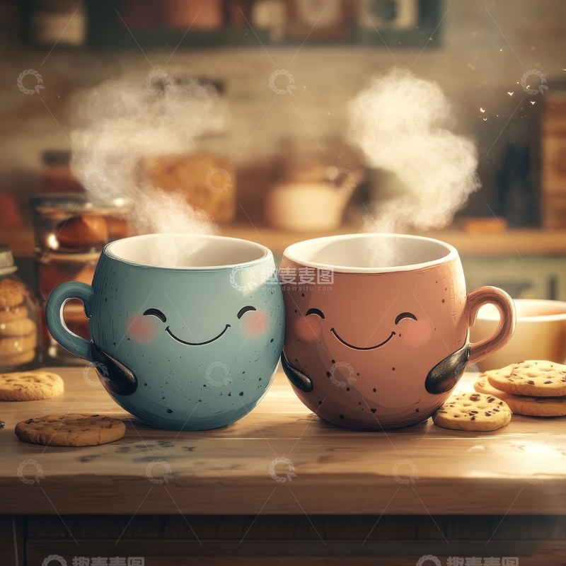 高清大图下载【趣麦麦图】温馨厨房里的笑脸咖啡杯