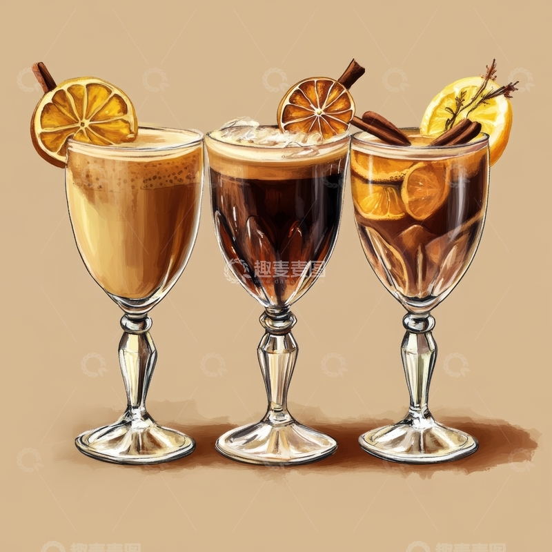 高清大图下载【趣麦麦图】三杯热饮，点缀橙片与肉桂