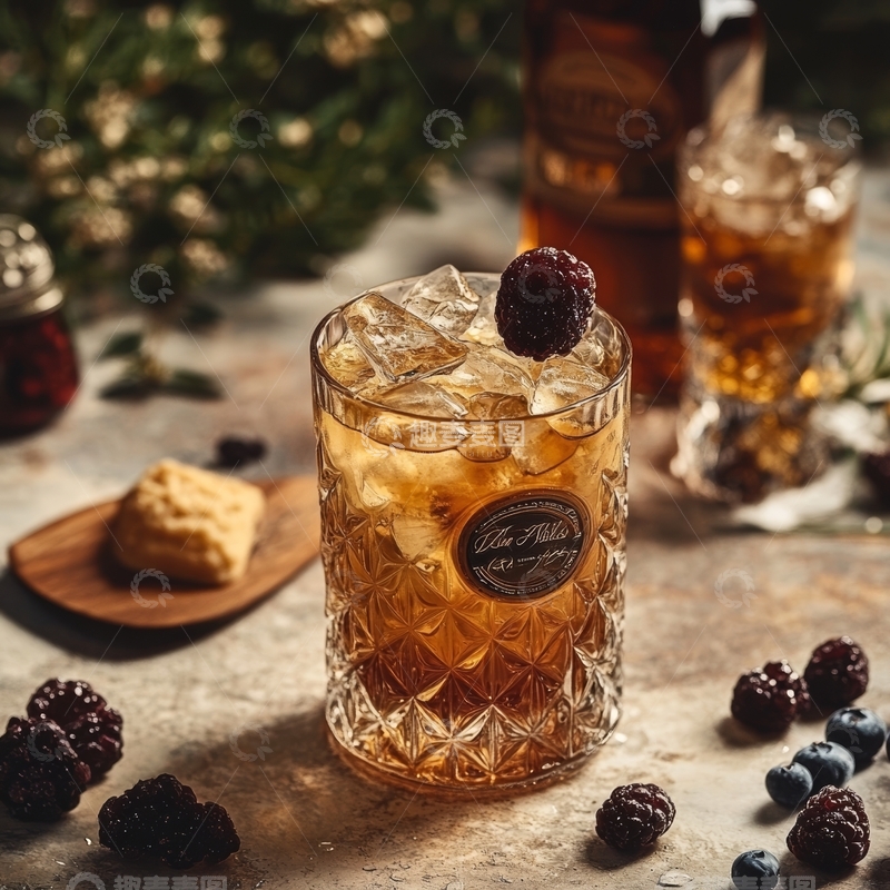 高清大图下载【趣麦麦图】冰镇琥珀色饮品配黑莓