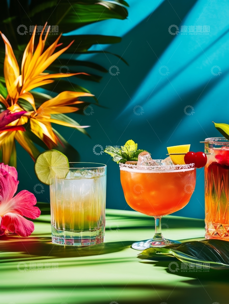 高清大图下载【趣麦麦图】热带风情鸡尾酒与鲜艳花卉