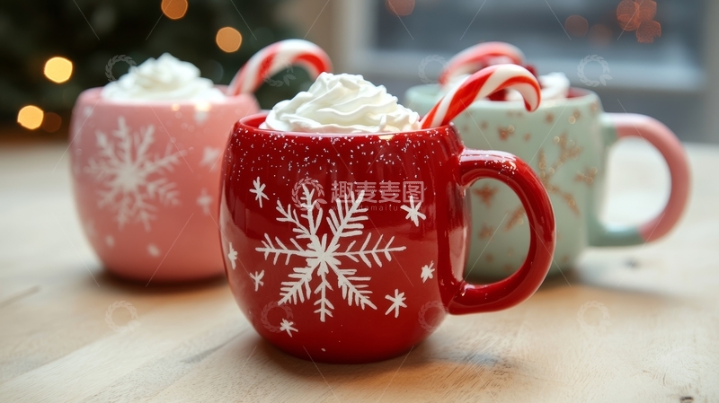 高清大图下载【趣麦麦图】节日热饮：雪景杯子与奶油装饰