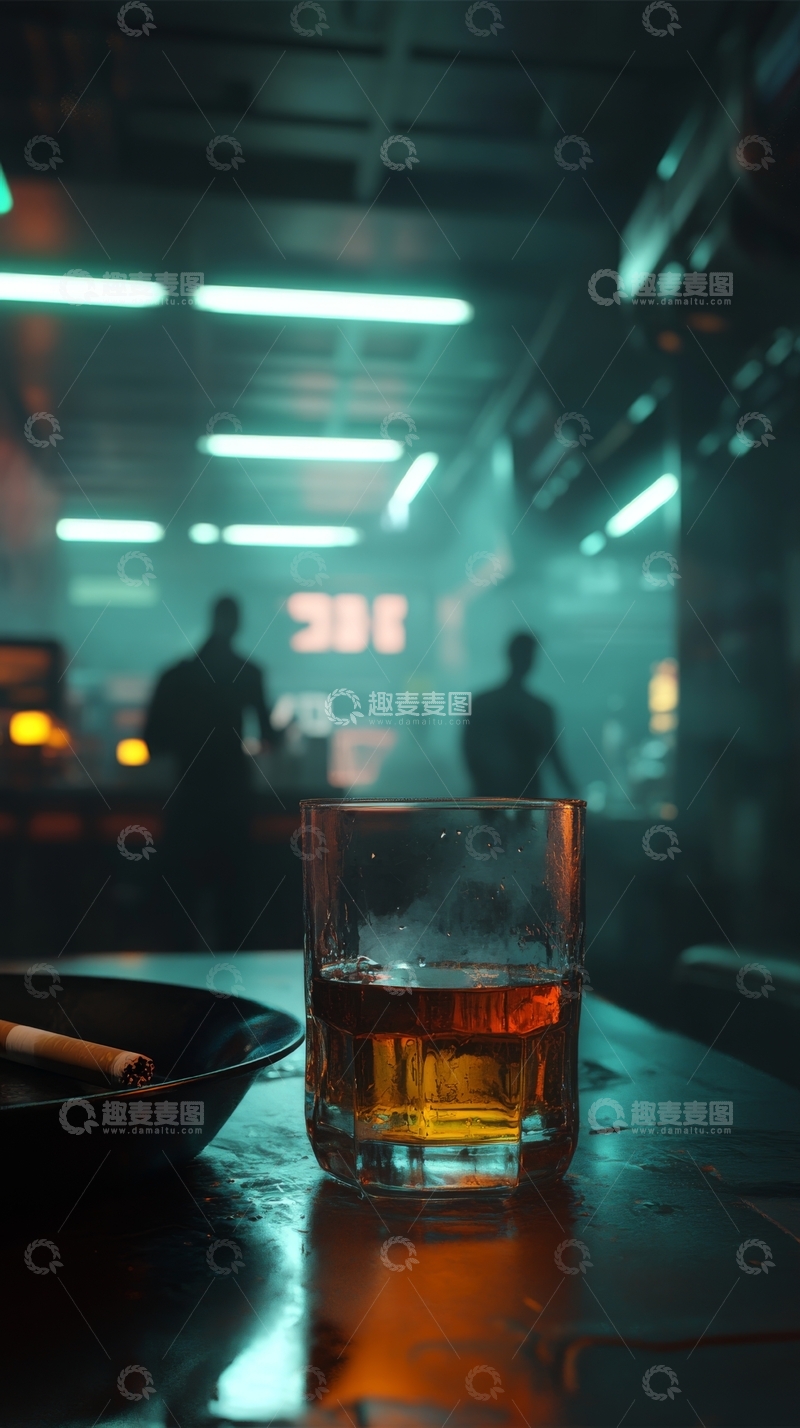 高清大图下载【趣麦麦图】昏暗酒吧中的威士忌与雪茄