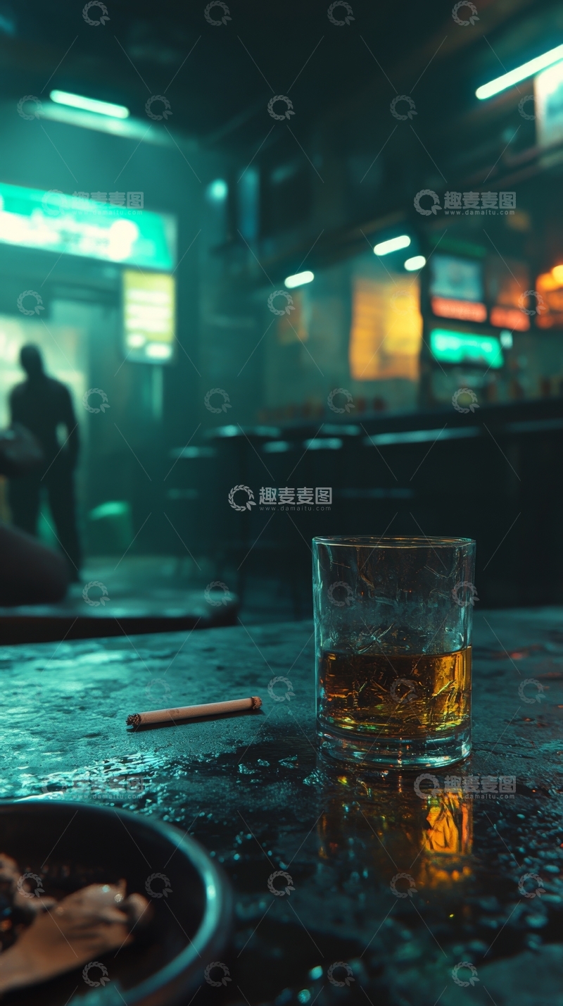 高清大图下载【趣麦麦图】昏暗酒吧中的酒杯与烟蒂