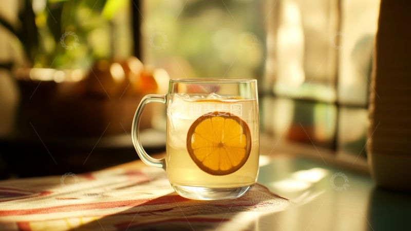 高清大图下载【趣麦麦图】柠檬片装饰的透明饮品置于阳光窗边