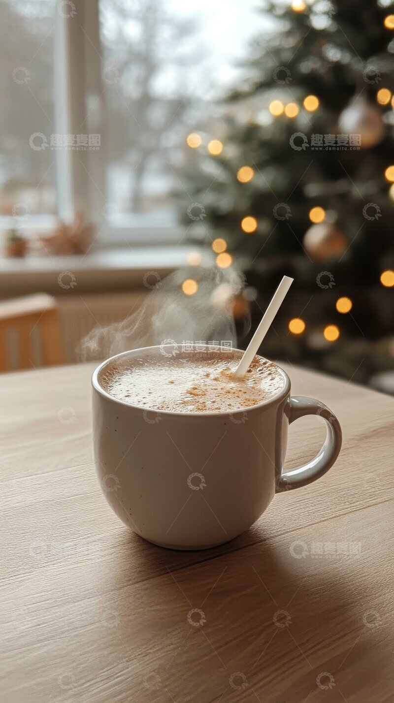 高清大图下载【趣麦麦图】热饮杯前圣诞树温暖氛围