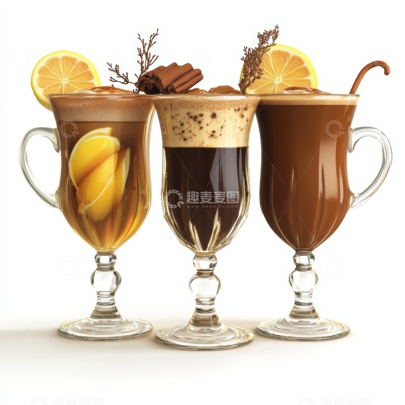 高清大图下载【趣麦麦图】三杯热饮，装饰柠檬与香料