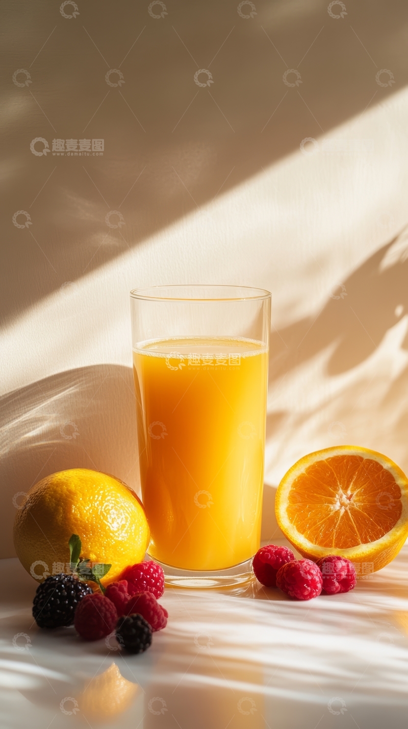 高清大图下载【趣麦麦图】新鲜橙汁与水果的阳光早餐
