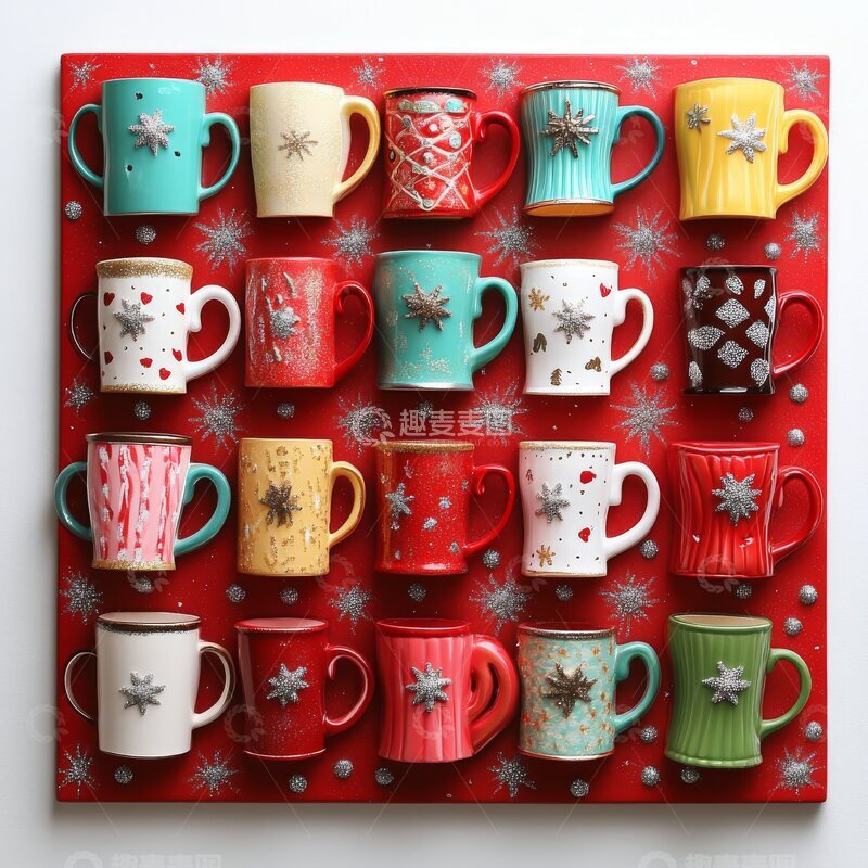 高清大图下载【趣麦麦图】多彩杯子排列在红色背景上