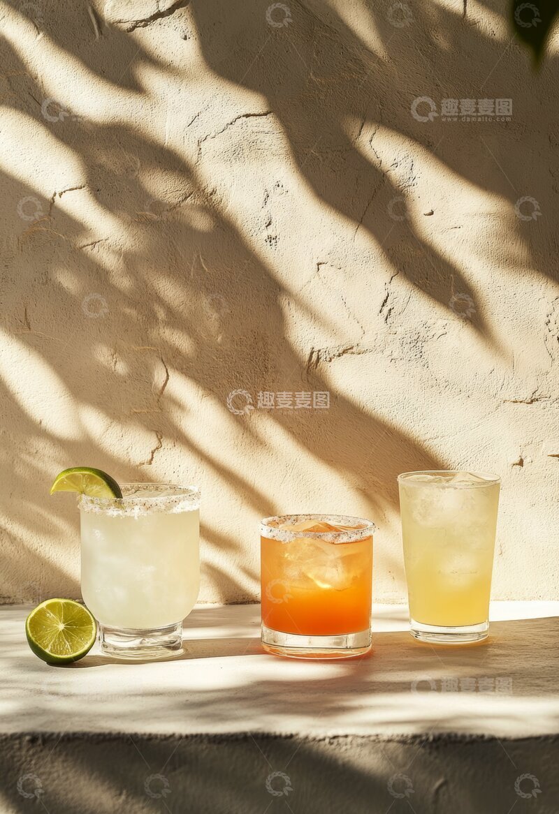 高清大图下载【趣麦麦图】三杯色彩斑斓的鸡尾酒在光影斑驳的墙前