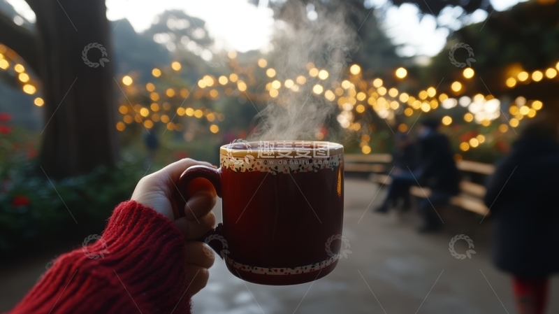 高清大图下载【趣麦麦图】手握热饮，背景灯光闪烁