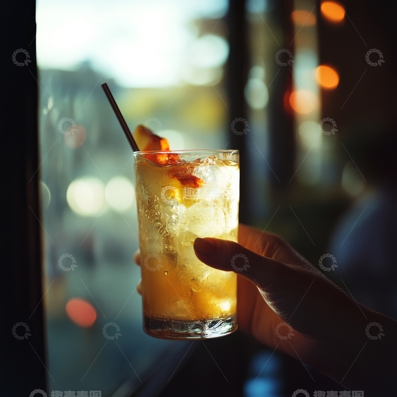 高清大图下载【趣麦麦图】手握冰爽饮品，窗外夜景朦胧