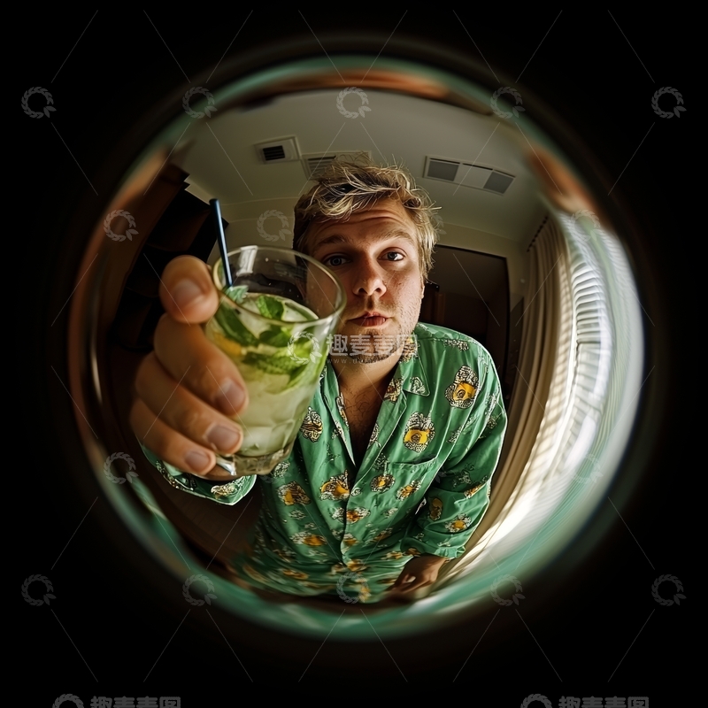 高清大图下载【趣麦麦图】男子手持饮品，透过圆形视角拍摄