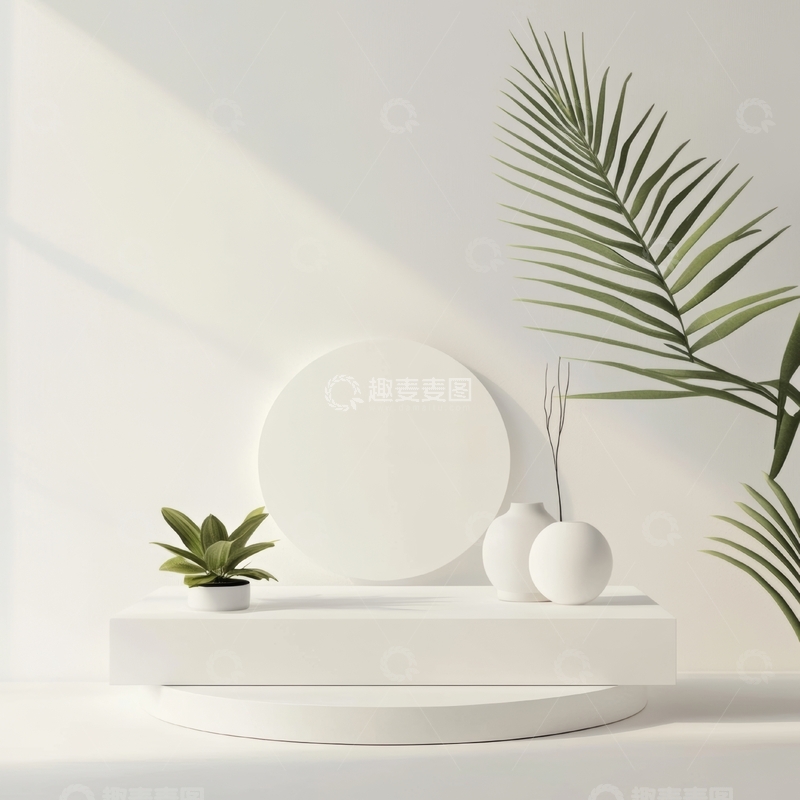 高清大图下载【趣麦麦图】简约白色场景中的植物与几何装饰