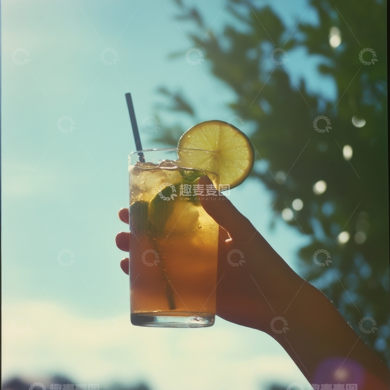 高清大图下载【趣麦麦图】手握柠檬冰茶，背景绿树蓝天