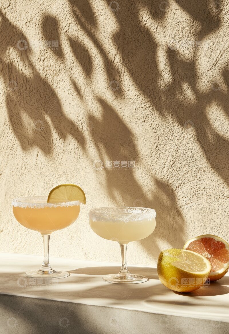 高清大图下载【趣麦麦图】两款鸡尾酒与水果在光影墙前