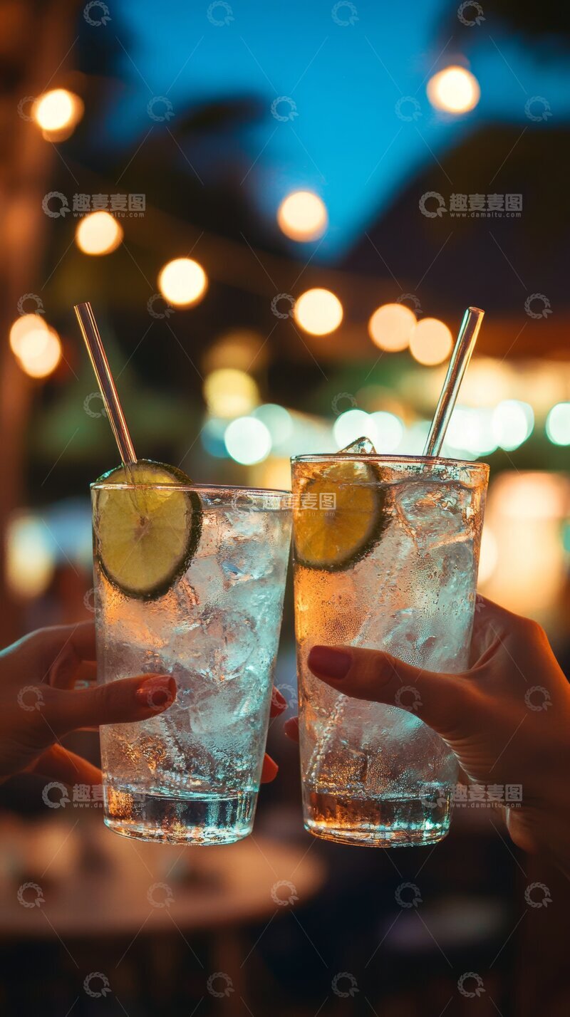 高清大图下载【趣麦麦图】夜晚灯光下举杯碰杯的饮品