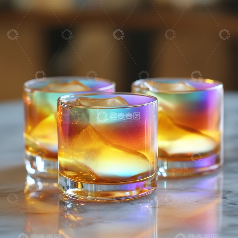 高清大图下载【趣麦麦图】彩虹玻璃杯中的琥珀色饮品