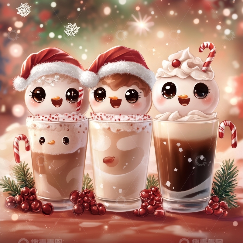 高清大图下载【趣麦麦图】圣诞主题热饮杯中的可爱角色