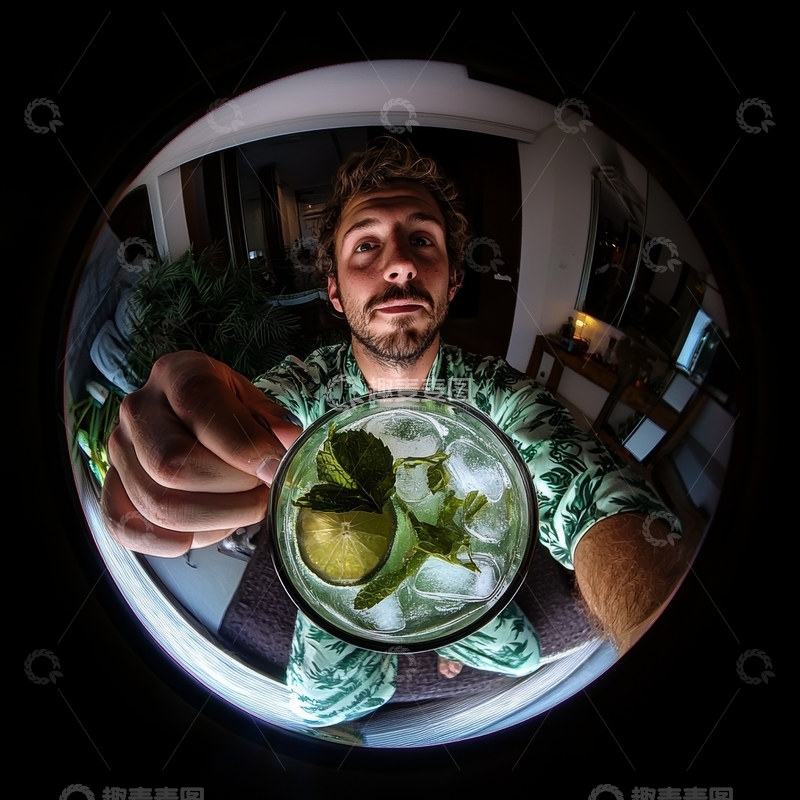 高清大图下载【趣麦麦图】男子手持一杯清凉薄荷饮品