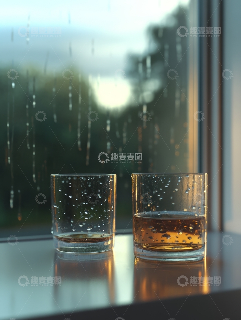 雨中窗台上的两杯饮品