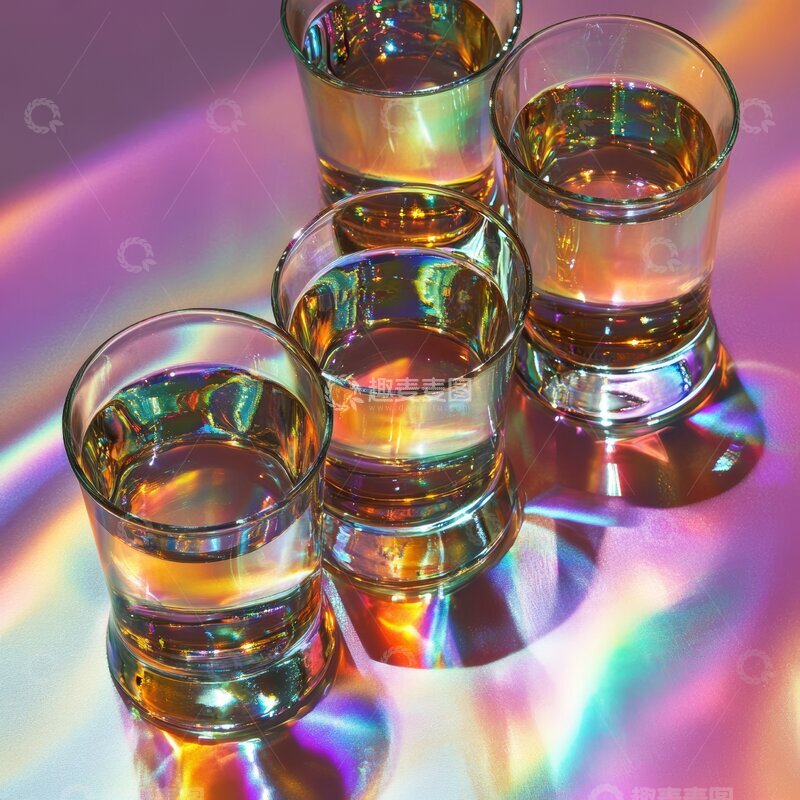 彩虹光泽下的四杯透明液体