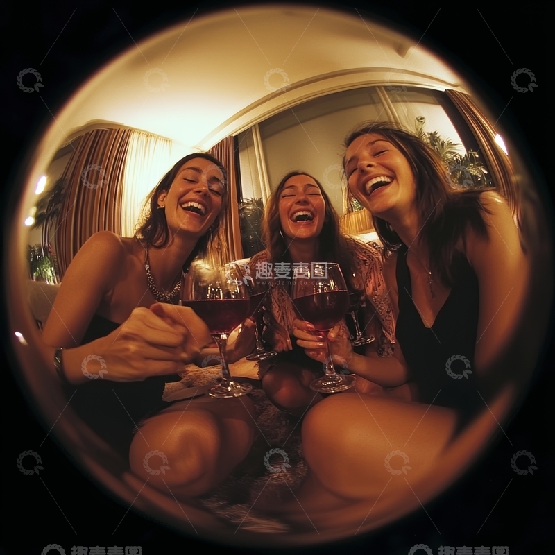 高清大图下载【趣麦麦图】三位女性共饮红酒，欢笑时刻