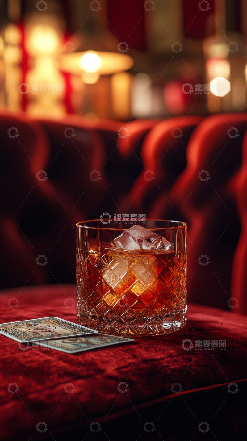 高清大图下载【趣麦麦图】冰块威士忌置于红色绒布沙发上