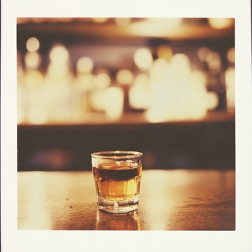 桌上一杯琥珀色饮品，背景虚化灯光