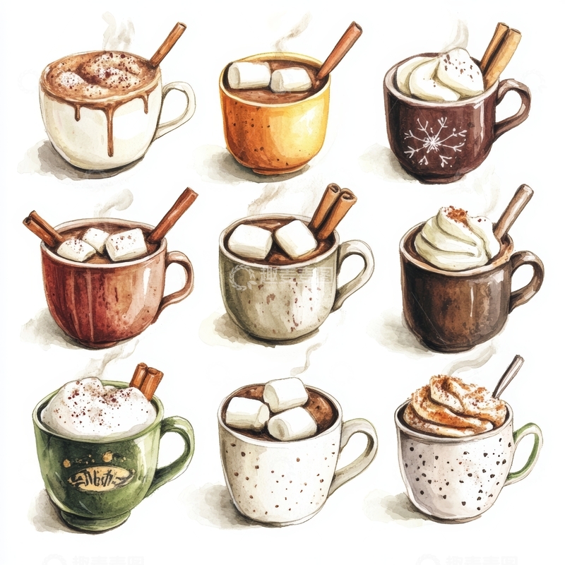 高清大图下载【趣麦麦图】九杯热饮的温馨插画