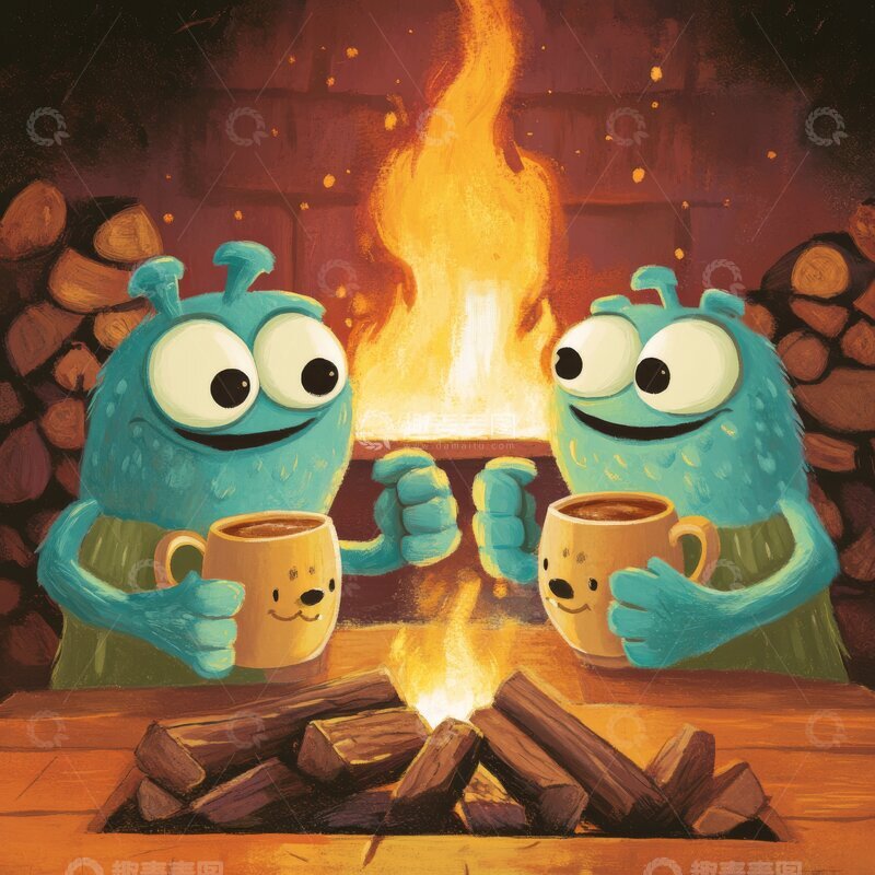 高清大图下载【趣麦麦图】两个蓝色小怪物在火堆旁喝热饮