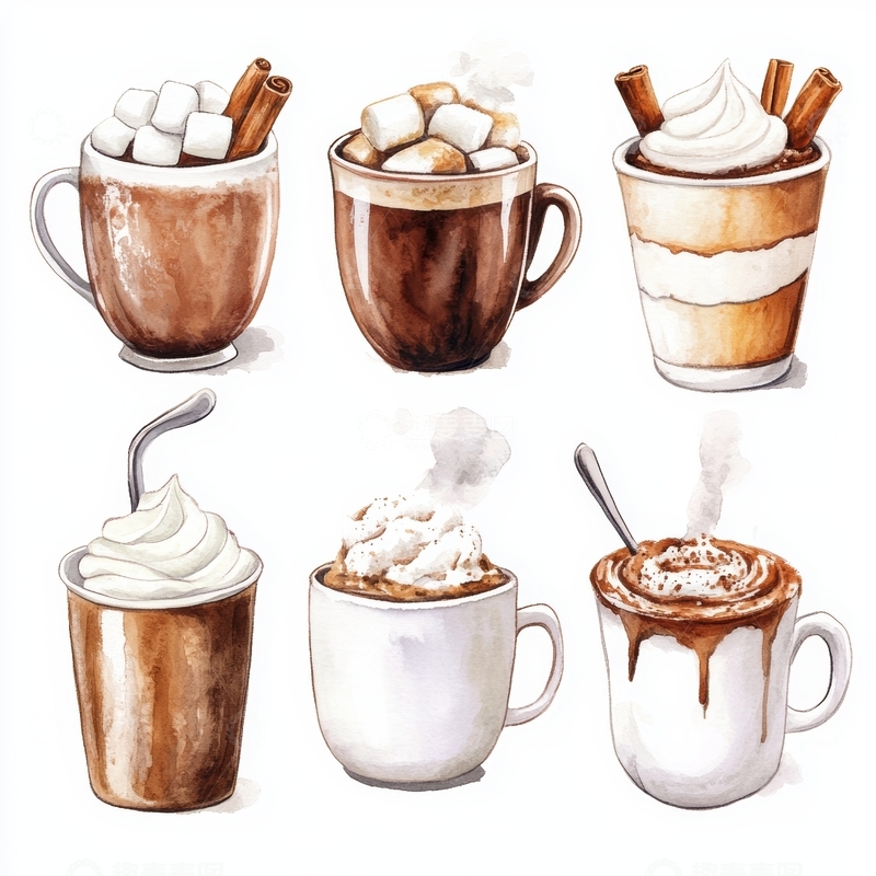 高清大图下载【趣麦麦图】六款热饮插画，包含咖啡与甜品