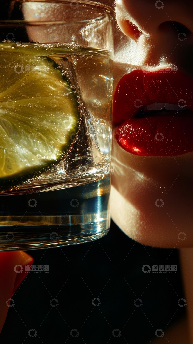 高清大图下载【趣麦麦图】红唇轻触透明饮品，柠檬点缀